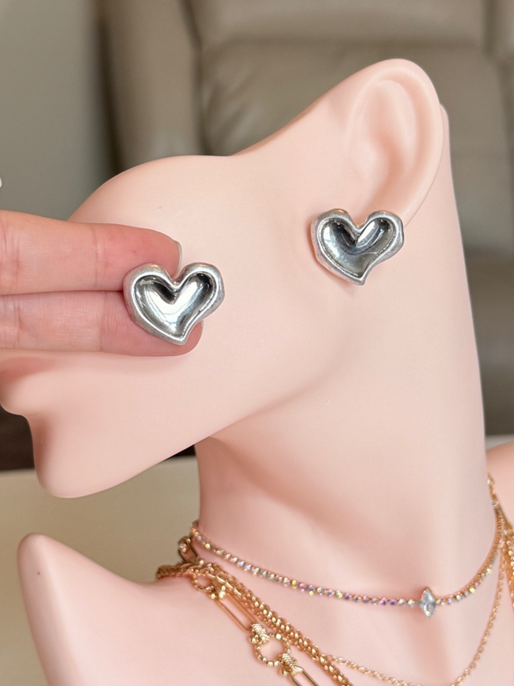 Silver Heart Stud Earrings - Picture 11 of 14